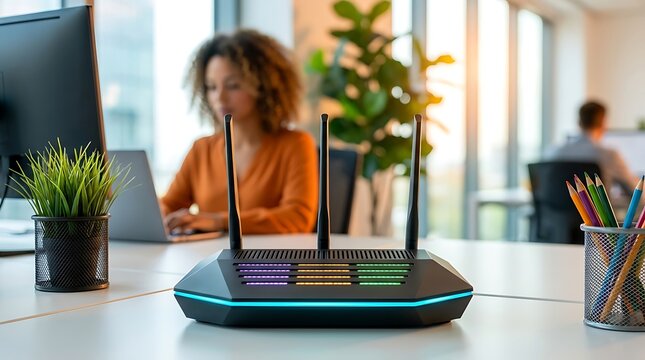 Futuristic wireless internet router with three antennas and multi colored led indicators on clean office workspace desk with blur office background of people.