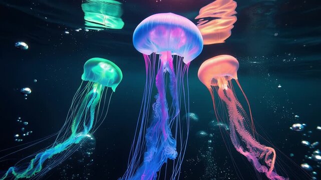 Glowing neon jellyfish drifting through deep ocean, featuring luminous bioluminescent tentacles, surrounded by crystal clear and blue water, 4K video