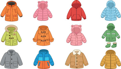 Kids Winter Outerwear and Warm Clothing Vector Icon Set with Down Jackets Hooded Coats Puffer Parkas Faux Fur Trimmed Jackets and Boots © SM
