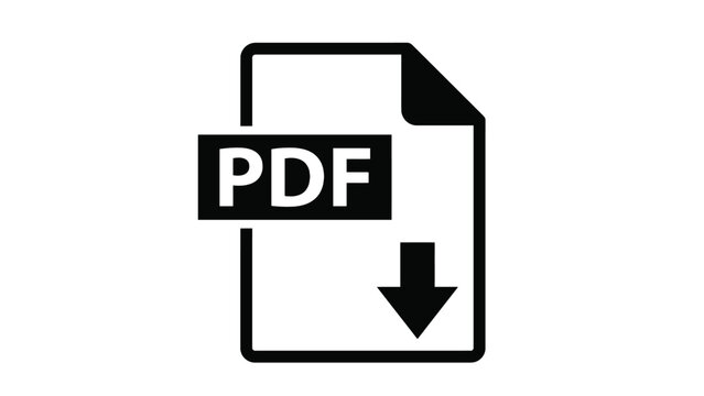 Minimalist black vector graphic showing a simple file document icon with an arrow for downloading pdf