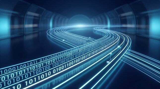 Professional 3D render of a winding digital road with binary code data streams moving through a dark high tech tunnel for corporate technology and internet connectivity