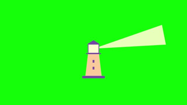 Flat Lighthouse Icon with Light Beam on Green Background