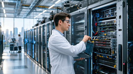 Fototapeta premium IT engineer working in modern data center, configuring server hardware and network cables with focused expression