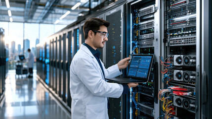 Fototapeta premium IT technician monitoring server rack with diagnostic laptop in modern data center, focused and professional