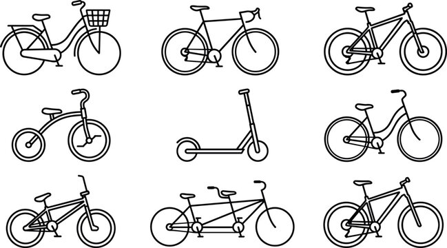 Bicycle and Eco Friendly Eco Transport Line Icons Set with City Bike Road Bicycle Tandem Mountain Bike Tricycle and Kick Scooter Silhouette Outlines