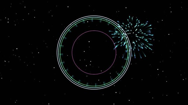 Abstract circular HUD elements with pink fireworks and stars 4k video.
