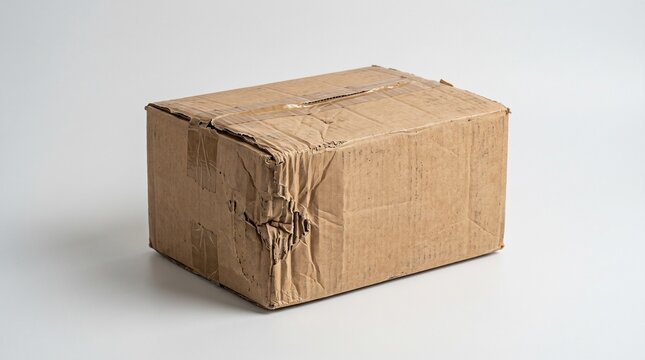 Damaged brown cardboard box isolated on a white background for shipping and packaging concepts