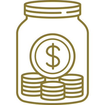 A minimalist gold line art illustration of a glass jar filled with stacks of coins and a dollar sign, set against a solid black background, symbolizing savings and financial growth.