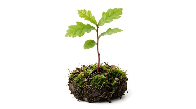 Small green oak sapling growing from a circular patch of soil and moss isolated on a white background studio shot