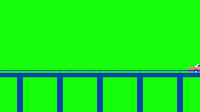 Car animation icon on blue bridge with green screen background