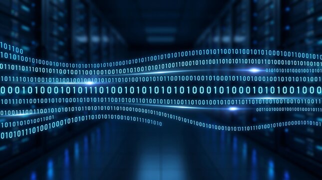 Binary code stream flowing through dark digital space with glowing data bits representing computer programming software development and secure information technology infrastructure