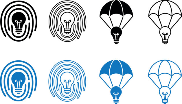 Set of creative light bulb icons representing a bright idea concept in minimalist black and blue styles