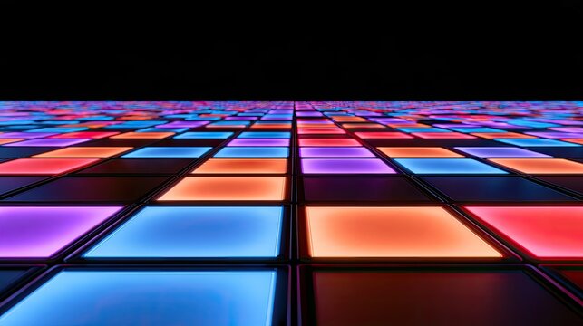 Illuminated grid of colorful squares on a dance floor recedes to horizon