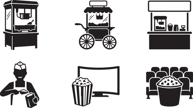 Set of black silhouette depicting cinema popcorn machines, carts, concession stands, a worker, and theater seating, isolated on white