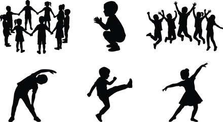 Obraz premium Children Activity Silhouette Collection Featuring Group Play, Exercise, Dancing and Energetic Movement Poses