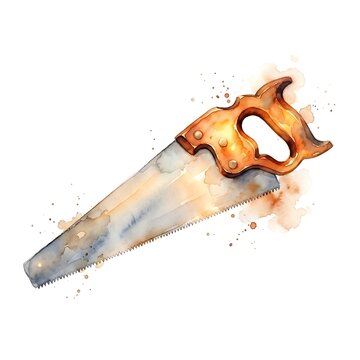 A realistic vintage hand saw watercolor illustration with a wooden handle, sharp metal blade, and paint splatters