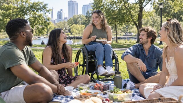 Friends sharing picnic lunch in city park