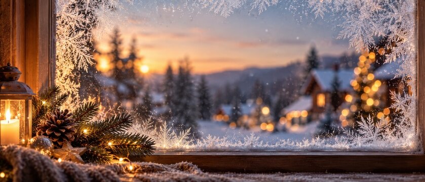 Cozy winter Christmas window view at sunset