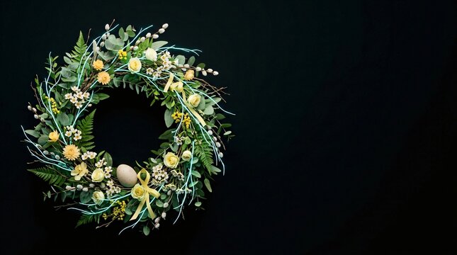 Festive holiday wreath made of fresh greenery and colorful easter eggs on black background easter with spring greenery floral wreath seasonal decoration hanging wreath nature easter