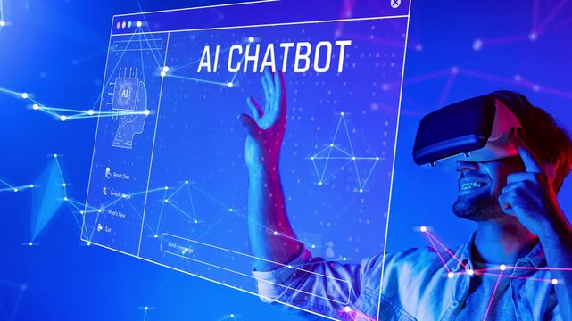 A person is immersed in a virtual reality experience, engaging with an AI chatbot interface, showcasing the intersection of technology and user interaction in a vibrant digital landscape. Raster