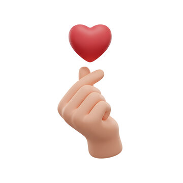 3d Illustration of a Hand Making a Korean Finger Heart Gesture with a Floating Red Heart Symbol Isolated on a White Background