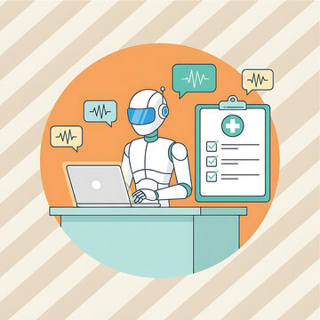Artificial Intelligence Robot Working on a Laptop with a Medical Clipboard and Heart Rate Monitoring Icons Representing Digital Healthcare
