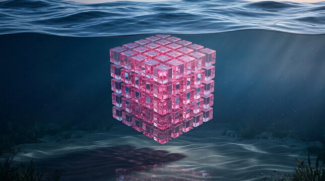 Pink glass cube structure underwater in ocean
