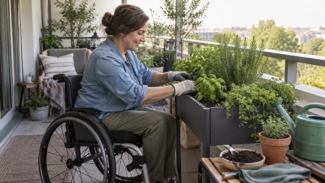 Woman in wheelchair gardening on a balcony