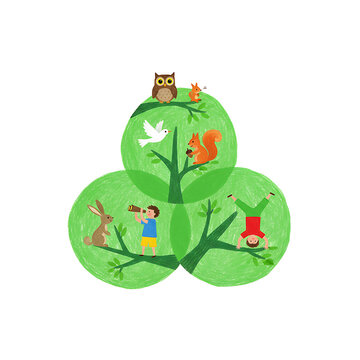 Children Nature Childhood Illustration of Boys and Forest Animals Exploring a Green Tree Canopy Representing Biodiversity and Environmental