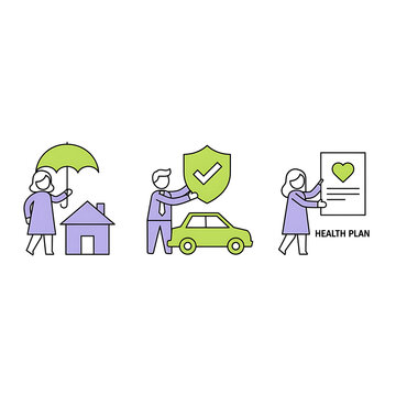 Flat Illustration of People Representing Various Insurance Services Including Home Protection with an Umbrella Car Security with a Shield and a