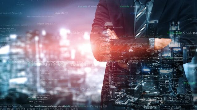 A modern businessman stands with crossed arms in front of a bustling cityscape, infused with digital code, reflecting themes of technology and innovation in the urban environment. Xenic