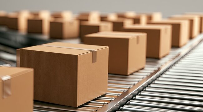Cardboard boxes moving along a roller conveyor belt