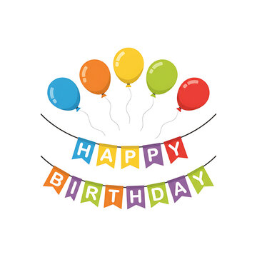 Colorful Happy Birthday Vector Illustration Featuring Five Bright Balloons and a Decorative Bunting Garland on a Clean White Background