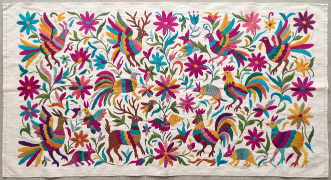 Mexican Otomi Tenango Hand-Painted Folk Art Animals and Florals Background