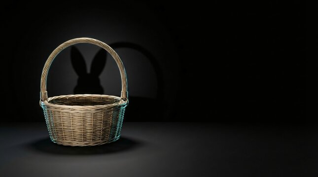An empty woven basket sitting on a dark surface with the silhouette of a rabbit head cast in shadow behind it for easter bunny silhouette holiday shadow dark background seasonal easter