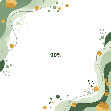 Promotional Background Featuring Green Organic Wave Shapes and Gold Glitter Accents with Ninety Percent Discount Text for Retail Marketing Sales