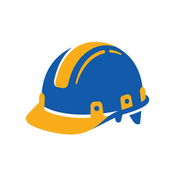 a blue and yellow hard hat safety helmet icon representing construction industrial and worker protective gear concepts.