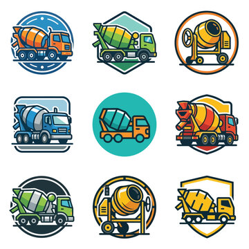 a diverse concrete mixer and cement mixer icon set illustrating various construction vehicles and industrial equipment designs.