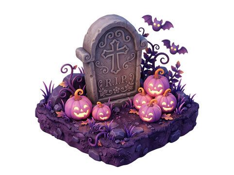 3D cartoon halloween graveyard scene with tombstone and pumpkins