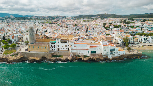 Aerial View of Church of Sant Bartomeu and Santa Tecla on Sitges Coast