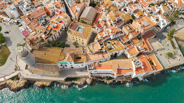 Aerial View of Sant Bartomeu and Santa Tecla Church on Sitges Seafront