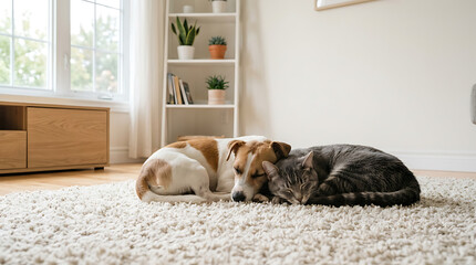 Naklejka na ściany i meble Dog and cat sleeping together on carpet at home