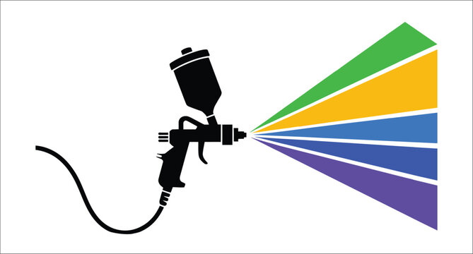 Paint spray gun with colorful rainbow mist stream illustration, professional airbrush automotive coating equipment icon, colorful industrial painting service symbol, workshop house wall coating graphi