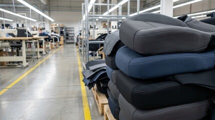 Obraz premium Automotive Seat Upholstery Production and Sewing Assembly Line in Modern Vehicle Interior Component Factory