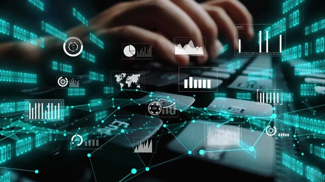 Explore the dynamic blend of data analysis and digital interface, featuring graphs and charts alongside a person using a keyboard, illustrating modern technology. Xenic
