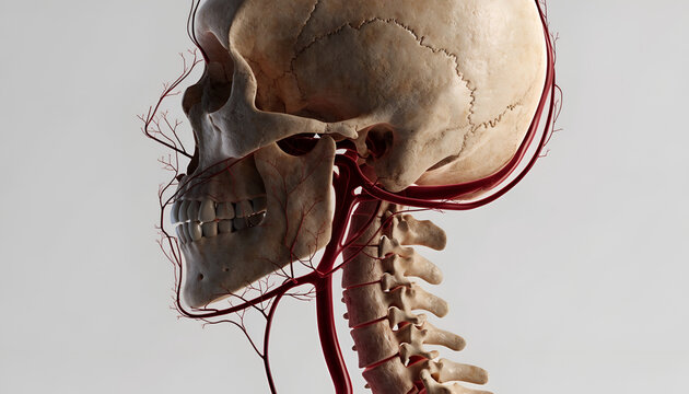 Detailed 3D Anatomical Illustration of the Human Skull, Neck Vertebrae and Blood Vessels on White Background