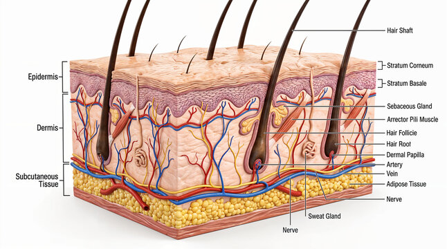 Human skin anatomy diagram showing epidermis dermis and hair follicle structure