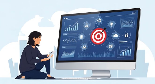 A professional woman analyzing digital marketing targets on a computer monitor display