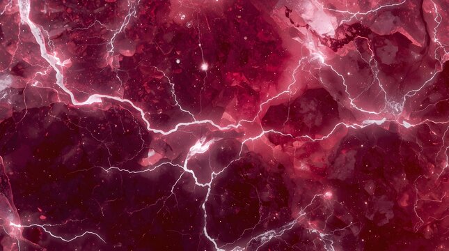 An extremely detailed ultra-realistic macro photograph of a translucent ruby red crystal and lightning background