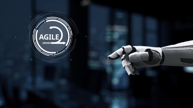 A futuristic robotic hand interacts with a digital agile framework in a modern office setting, representing innovation and digital transformation in business processes. Synapse